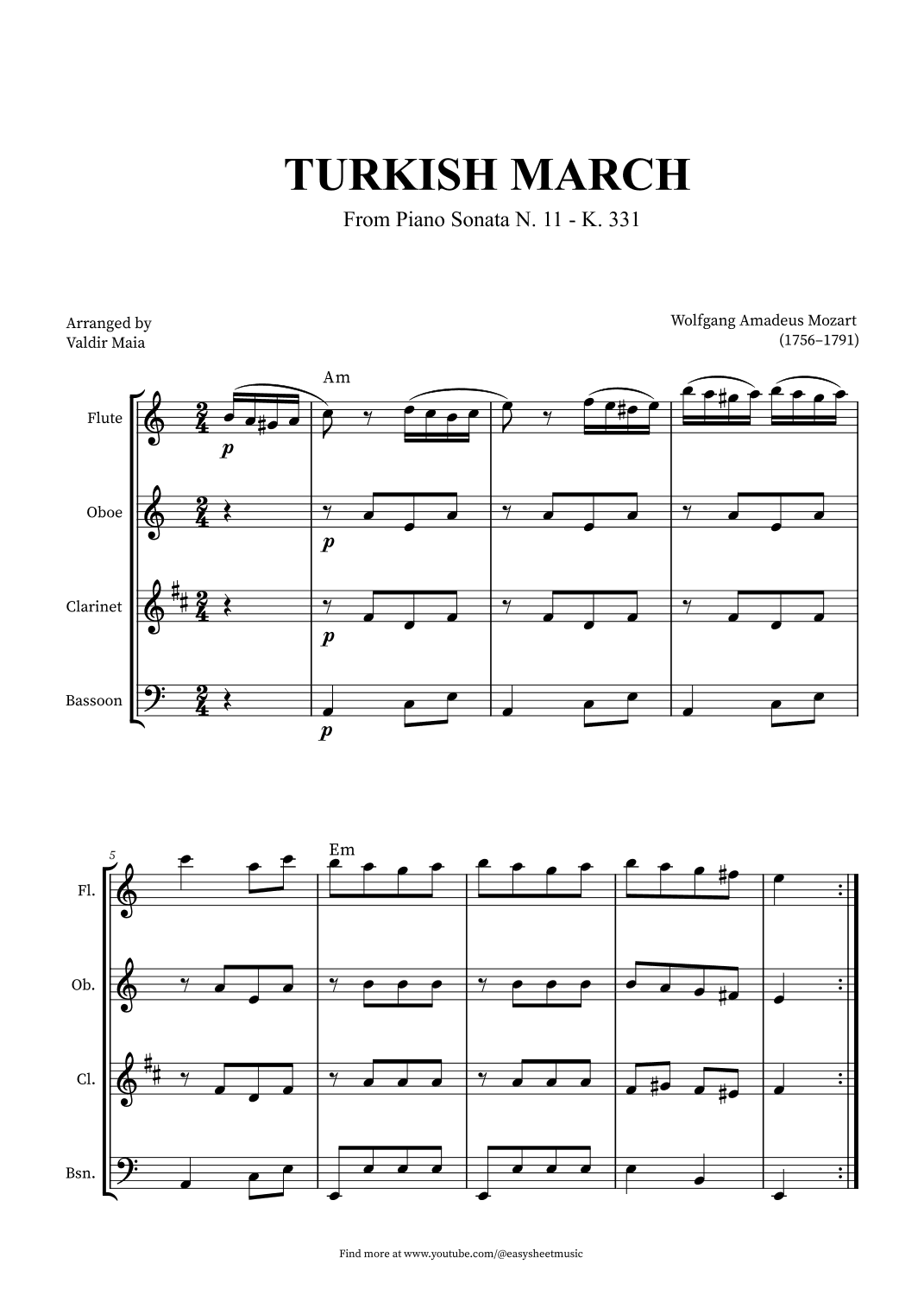 Turkish March - Woodwind Quartet + CHORDS (arr. Valdir Maia)