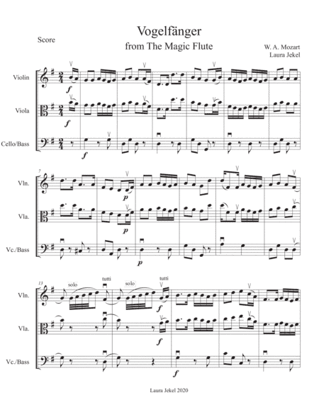 String Orchestra Arrangement of Vogelfanger from Magic Flute by W.A. Mozart (arr. Laura Jekel)
