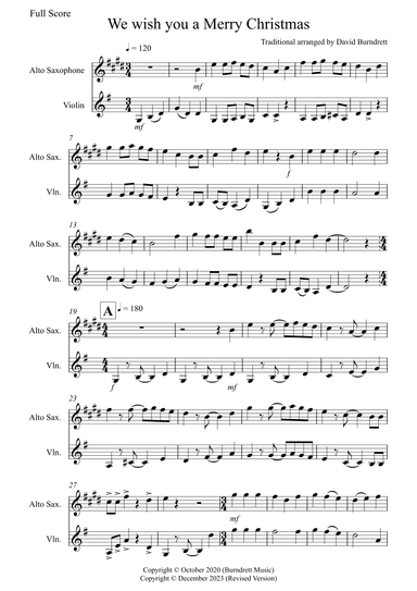 We Wish You a Merry Christmas for Alto Saxophone and Violin Duet (arr. David Burndrett)