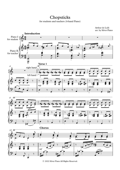 Chopsticks (The Celebrated Chop Waltz) - 4-Hands Piano for students and teachers (arr. Silver Piano)