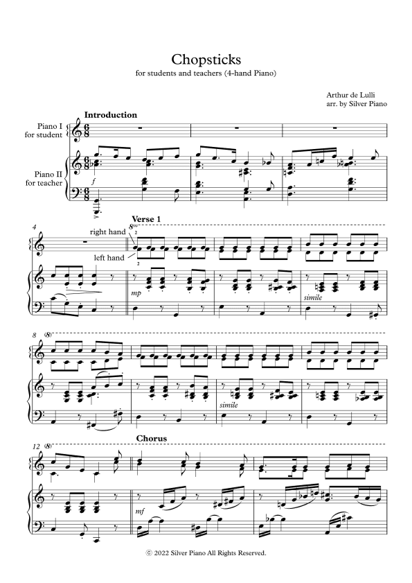 Chopsticks (The Celebrated Chop Waltz) - 4-Hands Piano for students and teachers (arr. Silver Piano)