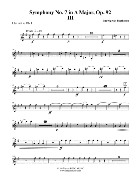 Beethoven Symphony No. 7, Movement III - Clarinet in Bb 1 (Transposed Part), Op. 92 (arr. Doug Clyde)