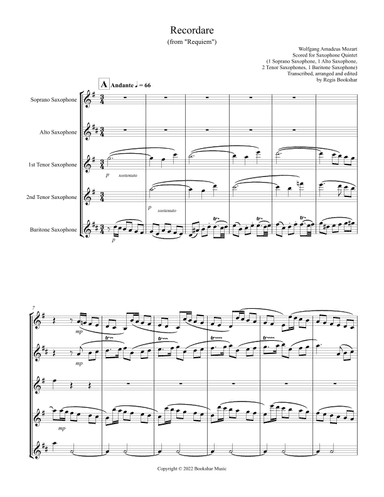 Recordare (from "Requiem") (F) (Saxophone Quintet - 1 Sop, 1 Alto, 2 Ten, 1 Bari) (arr. Regis Bookshar)