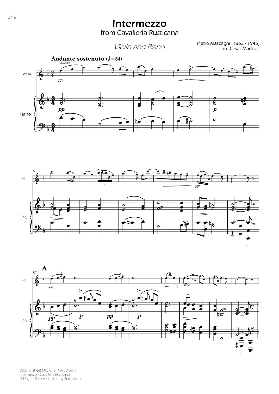 Intermezzo from Cavalleria Rusticana - Violin and Piano (Full Score) (arr. César Madeira)