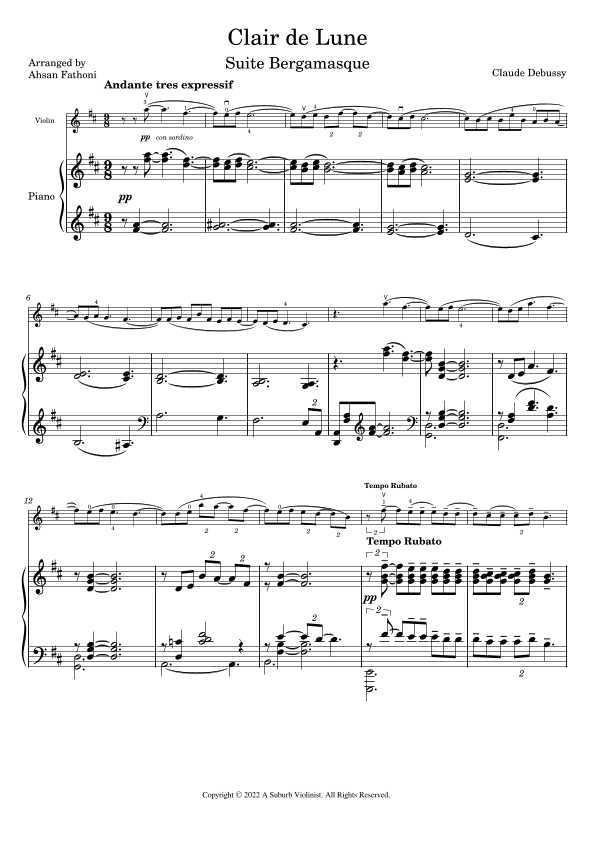 Clair de Lune for Easy Violin in First Position (arr. Ahsan Fathoni)