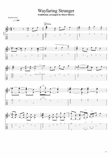 Wayfaring Stranger (traditional), for solo fingerstyle guitar (arr. Daryl Shawn)