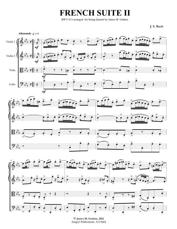 BACH: French Suite No. 2 BWV 813 for String Quartet (arr. James M. Guthrie)