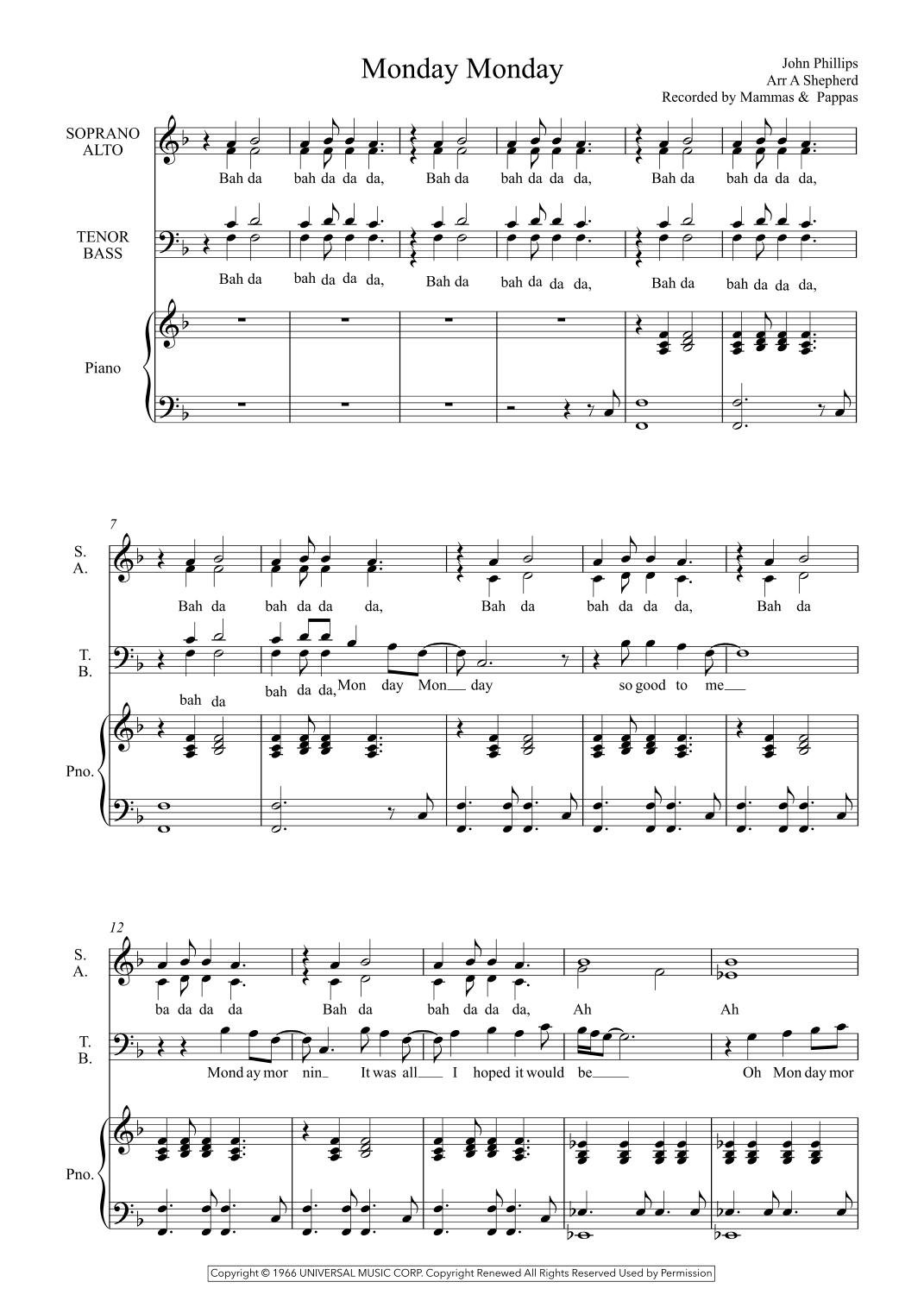 Monday, Monday (arr. Alan Shepherd)