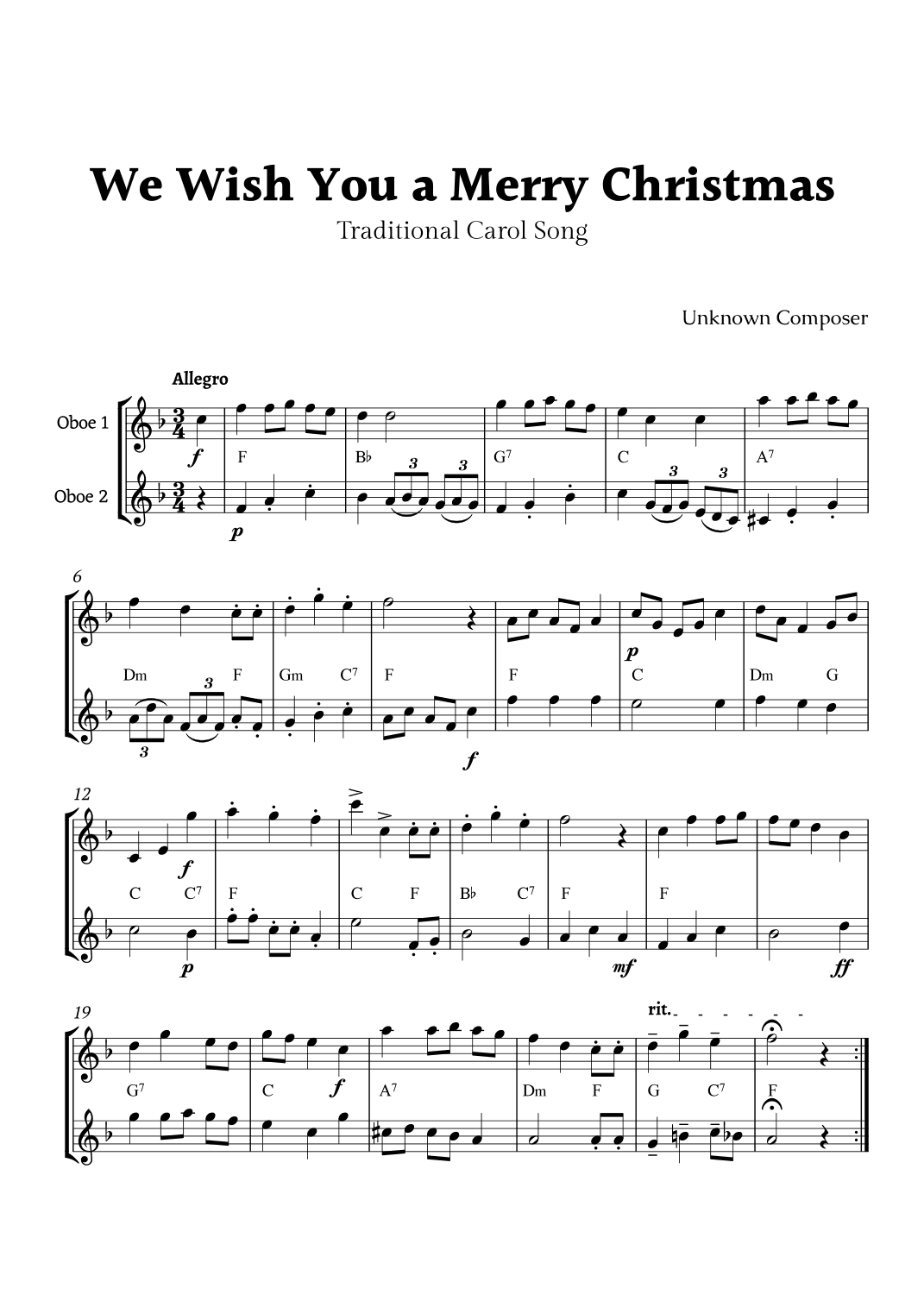 We Wish you a Merry Christmas for Oboe Duet with Chords (arr. Rika K.)