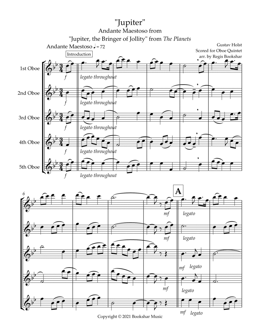 Jupiter (Andante Maestoso from "Jupiter, the Bringer of Jollity" from The Planets) (Bb) (Oboe Quinte (arr. Regis Bookshar)