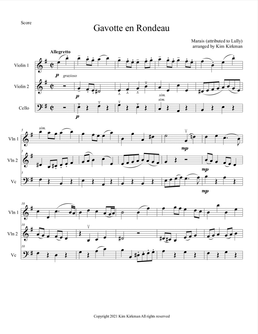 Gavotte en rondeau Marais (Lully) for violin 1 and 2 and cello (arr. Kim Kirkman)