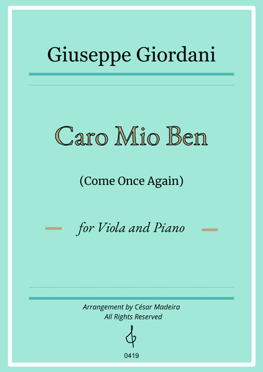 Caro Mio Ben (Come Once Again) - Viola and Piano (Full Score and Parts) (arr. César Madeira)
