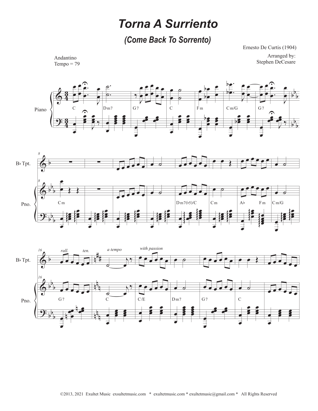 Torna A Surriento (Come Back to Sorrento) (Bb-Trumpet solo and Piano) (arr. Stephen DeCesare)