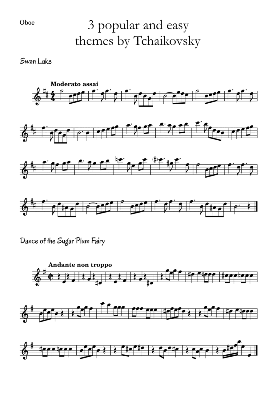 3 popular and easy themes by Tchaikovsky with accompaniment and chord symbols for Oboe (arr. Leyandder Trustworthy)