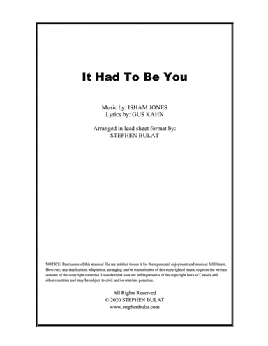 It Had To Be You (Harry Connick Jr., Frank Sinatra) - Lead sheet in original key of G (arr. Stephen Bulat)