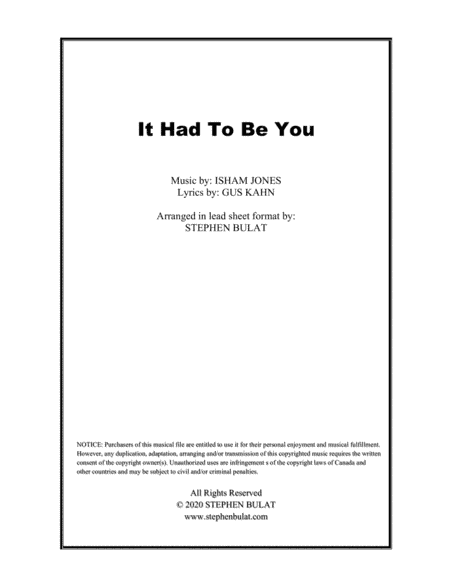 It Had To Be You (Harry Connick Jr., Frank Sinatra) - Lead sheet in original key of G (arr. Stephen Bulat)