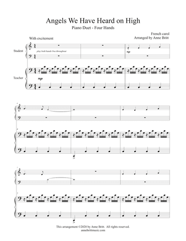 Angels We Have Heard on High (elementary student/teacher piano duet, key of C) (arr. Anne Britt)