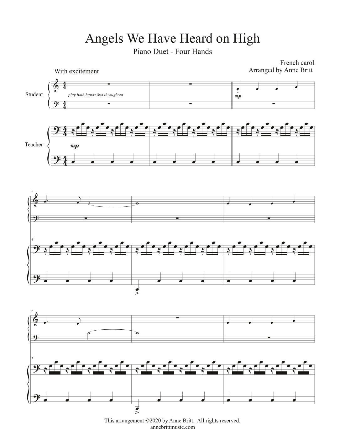 Angels We Have Heard on High (elementary student/teacher piano duet, key of C) (arr. Anne Britt)