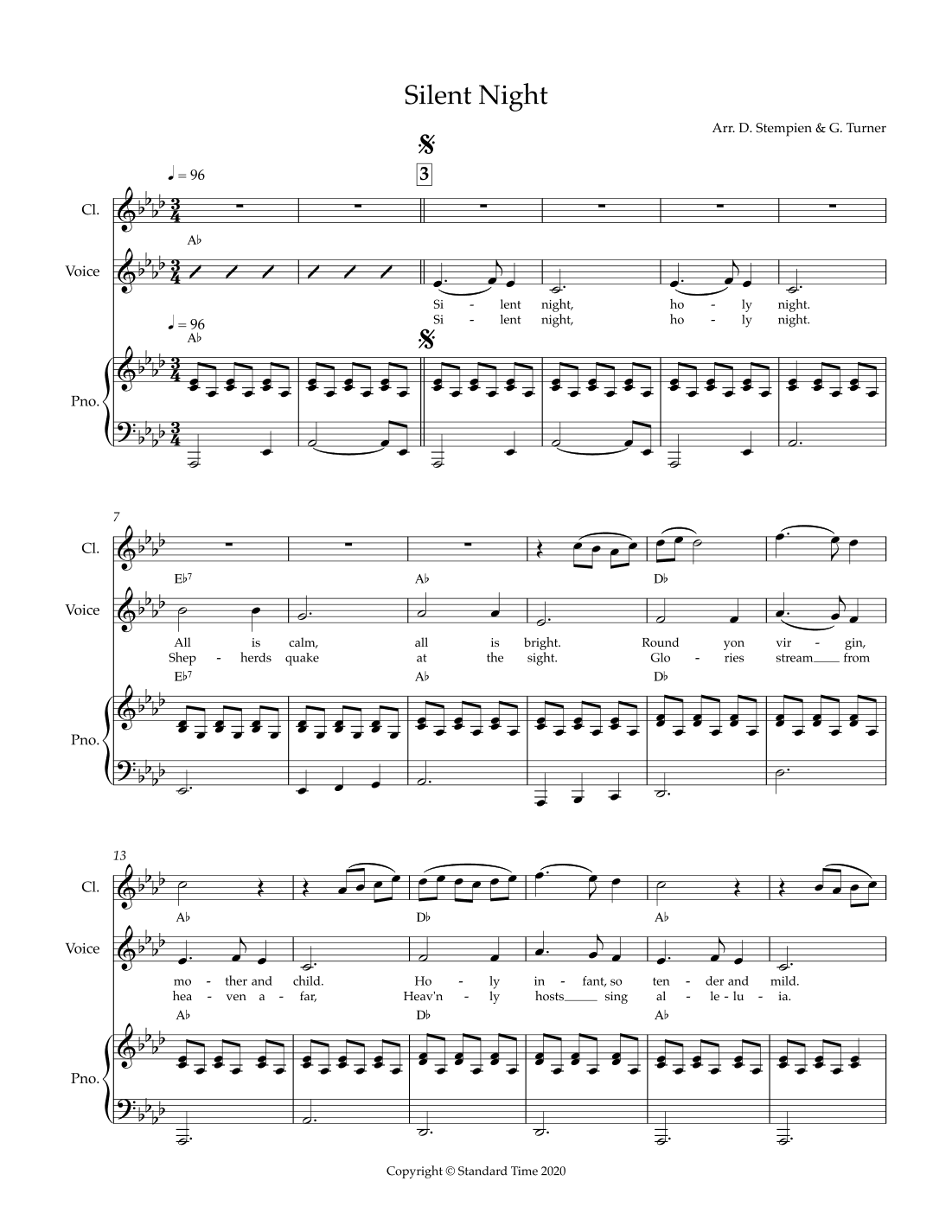 Silent Night for Vocal Solo with Clarinet and Piano Accompaniment (Christmas) (arr. Debra E. Stempien, Gregory H. Turner)