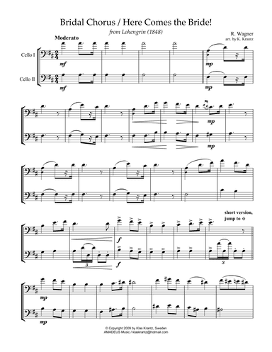 Bridal Chorus / Here Comes the Bride! for cello duo (D Major) (arr. K. Krantz)