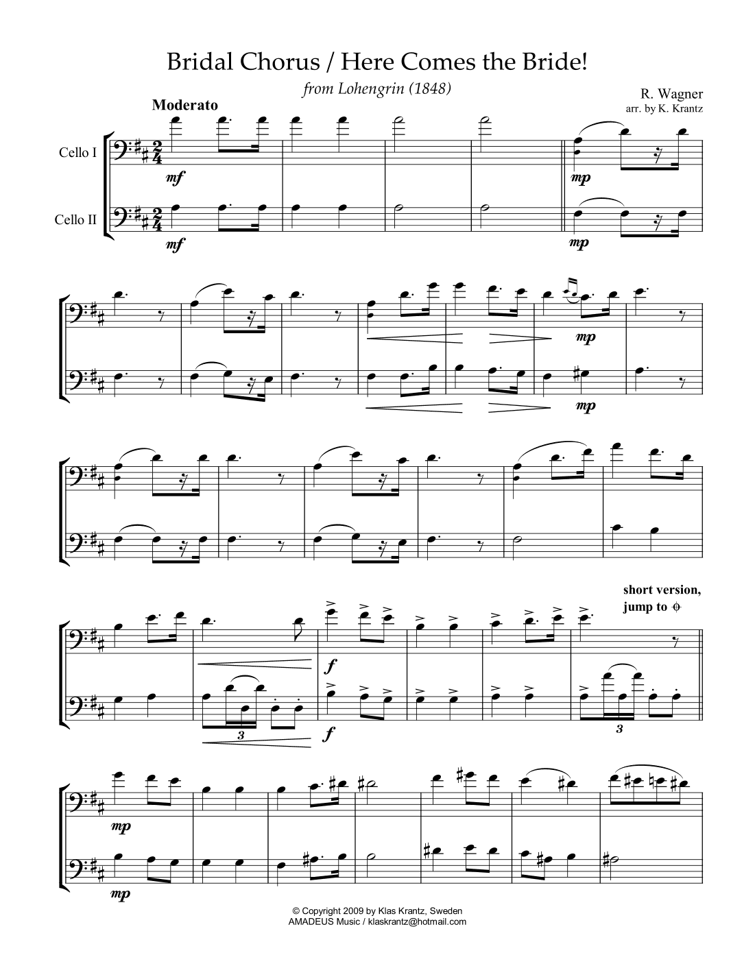Bridal Chorus / Here Comes the Bride! for cello duo (D Major) (arr. K. Krantz)
