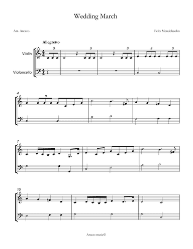 mendelssohn wedding march sheet music violin and cello (arr. Arezzo Music)