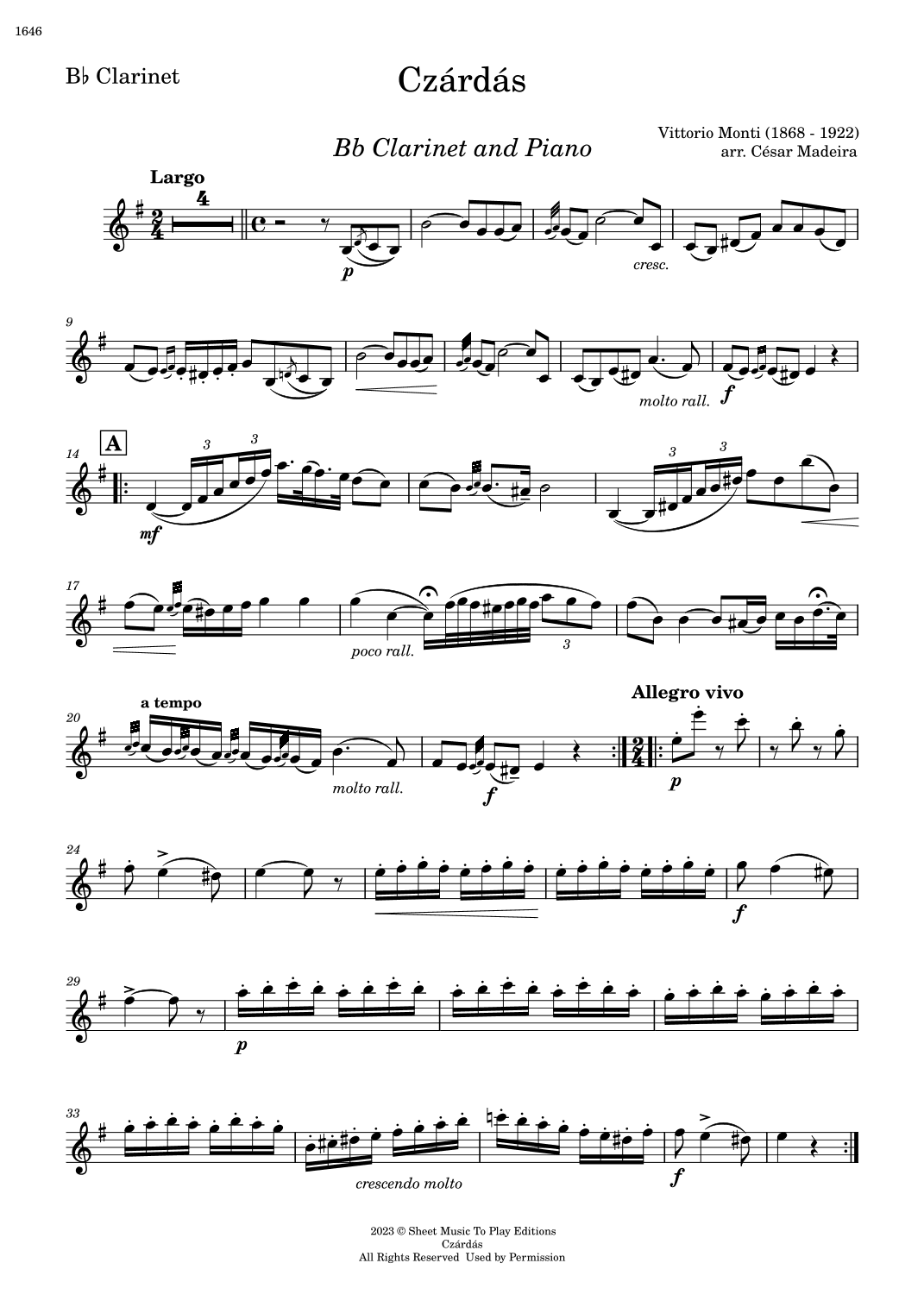 Czardas - Bb Clarinet and Piano (Individual Parts) (arr. César Madeira)