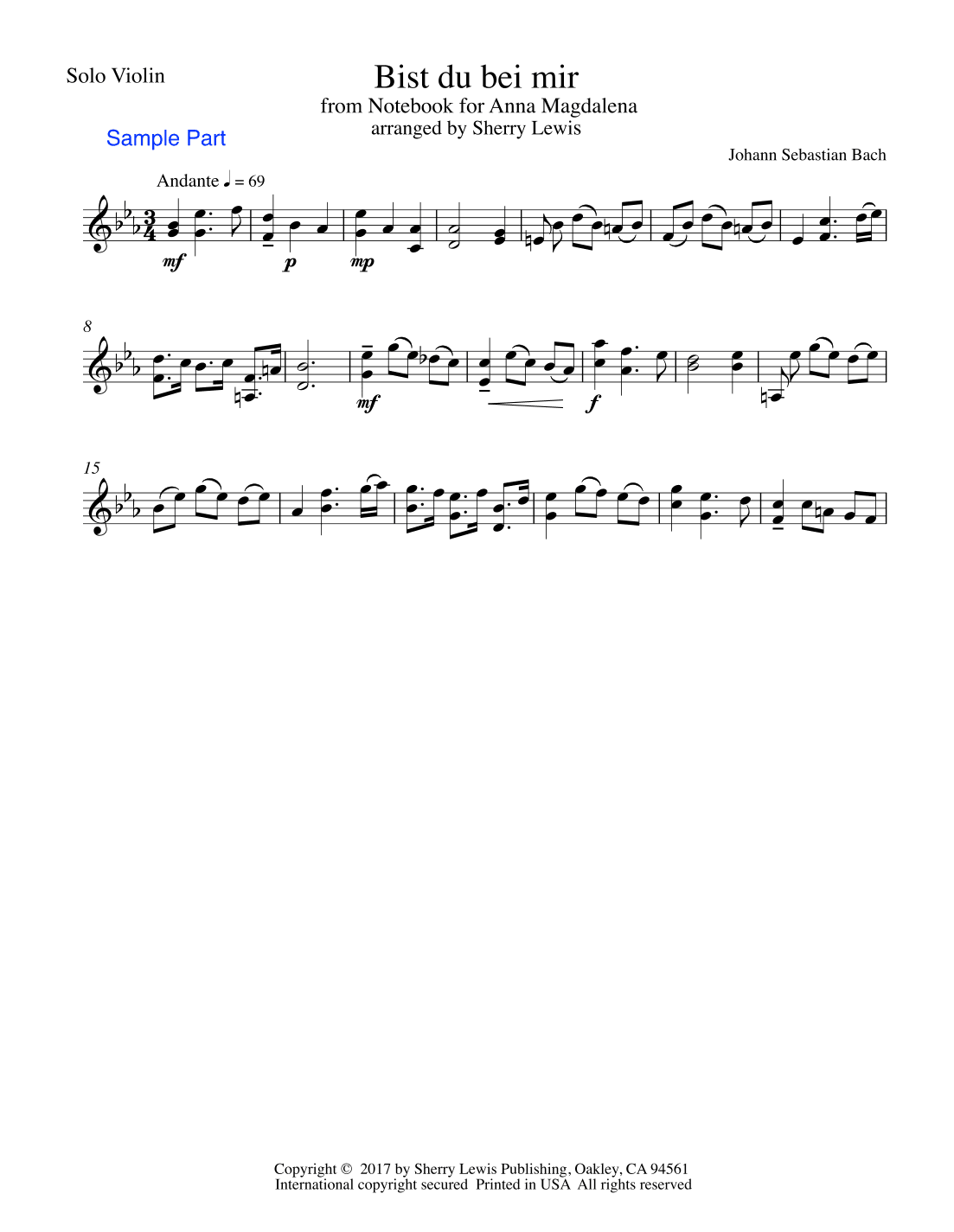 BIST DU BEI MIR Violin Solo, Intermediate Level (arr. Sherry Lewis)