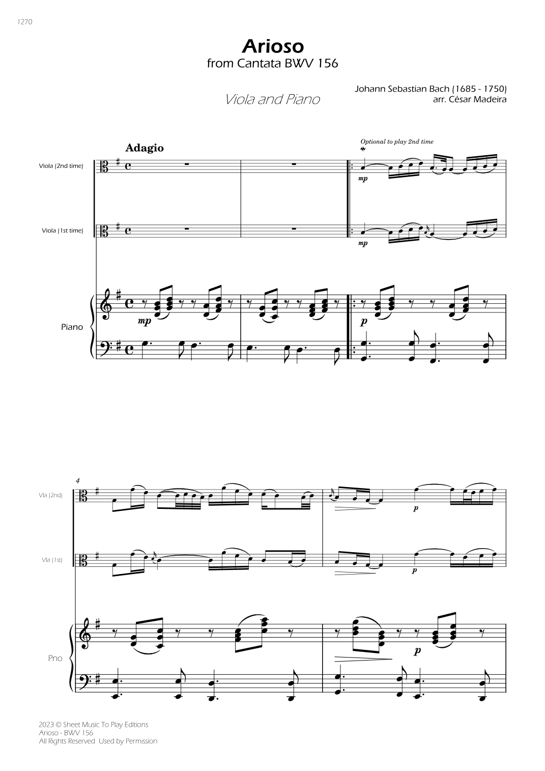 Arioso (BWV 156) - Viola and Piano (Full Score) (arr. César Madeira)