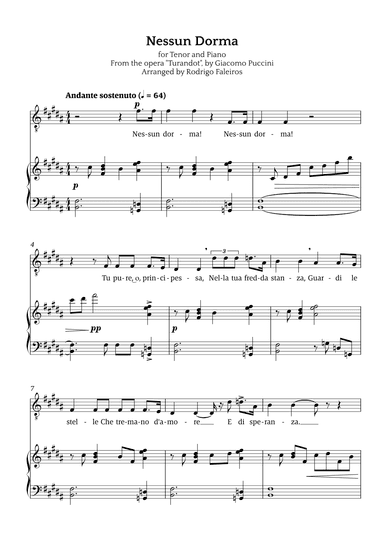 Nessun Dorma (for tenor and piano) (arr. Rodrigo Faleiros)