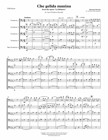 Che gelida manina from La Bohème for 5-part Trombone Ensemble (arr. Jeremy Niles Kempton)
