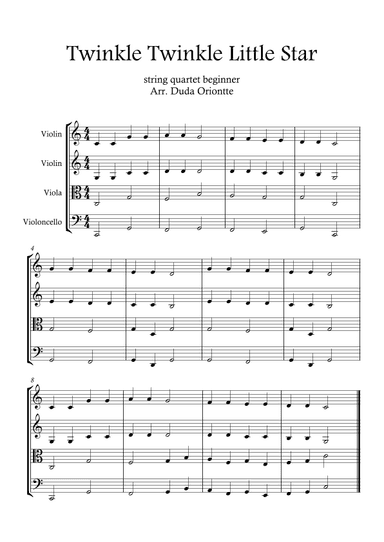 Twinkle Twinkle Little Star (For BEGINNER and kids)   (String quartet) (arr. Duda Oriontte)