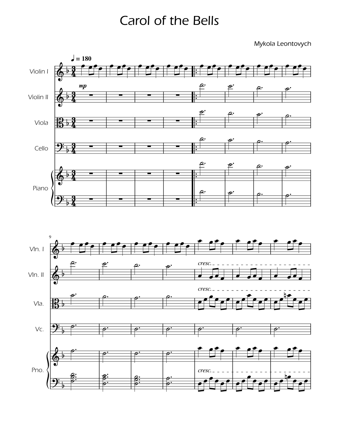 Carol of the Bells - String Quartet w/ Piano (arr. Ygor Nunes)