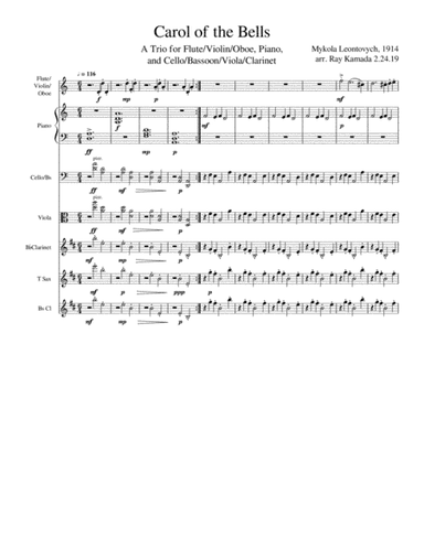 Carol of the Bells, for Flute/Violin/Oboe, Piano, and Cello/Viola Trio (arr. Ray Kamada)