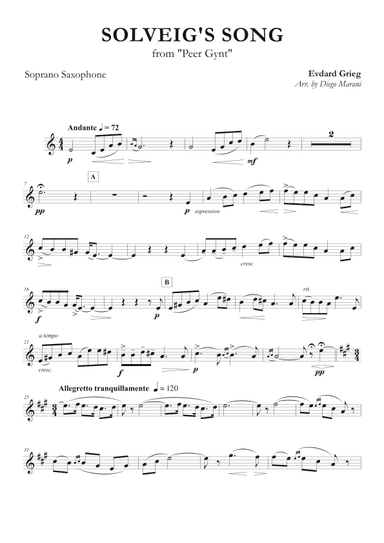 Solveig's Song from "Peer Gynt" for Soprano Saxophone and Piano (arr. Diego Marani)