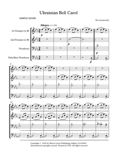 UKRAINIAN BELL CAROL - Carol of the Bells, Brass Quartet, Intermediate Level (arr. Sherry Lewis Publishing)