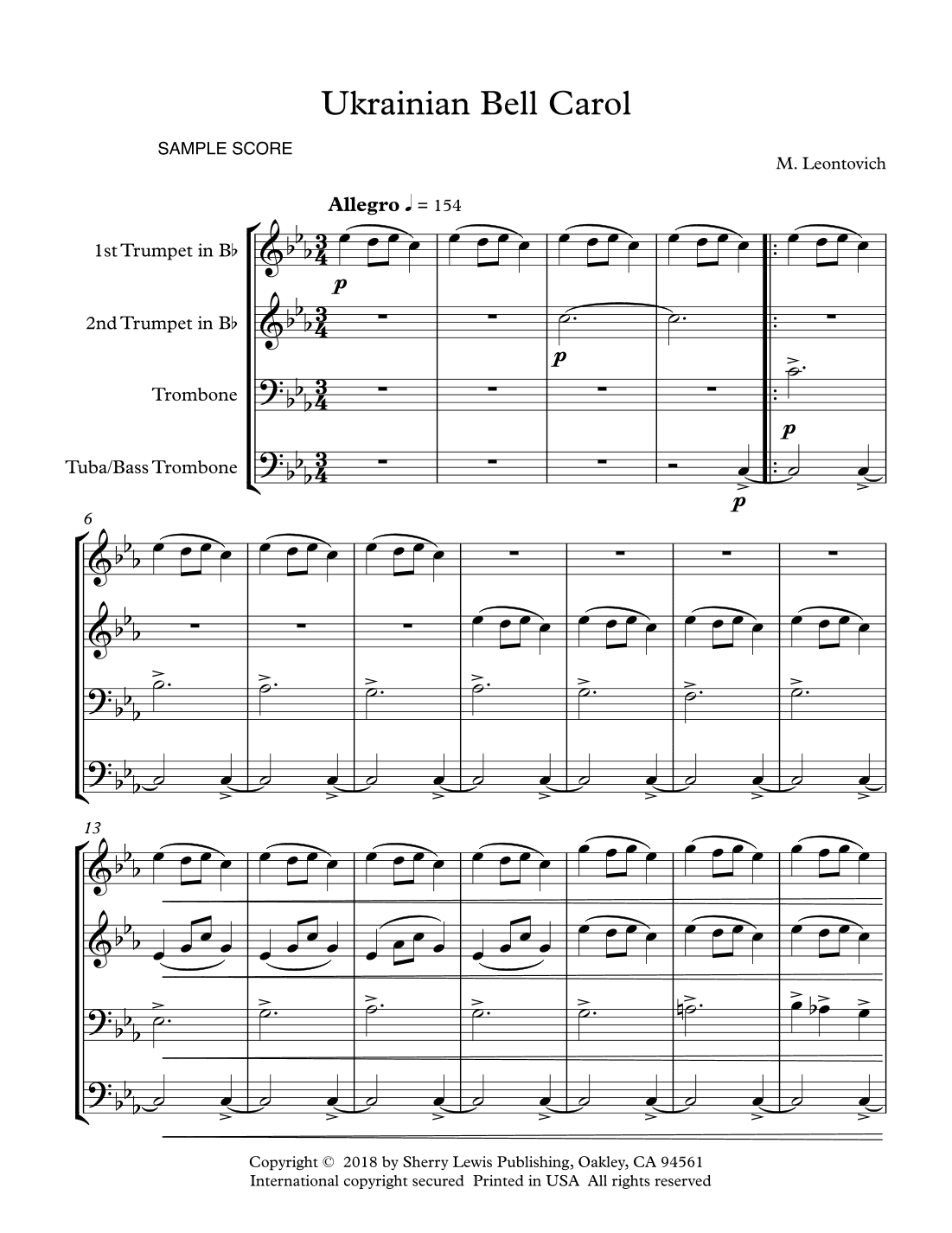 UKRAINIAN BELL CAROL - Carol of the Bells, Brass Quartet, Intermediate Level (arr. Sherry Lewis Publishing)