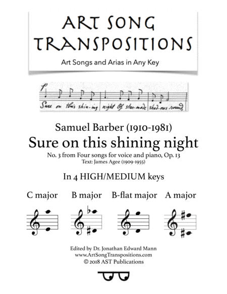 Sure On This Shining Night, Op. 13, No. 13 (arr. ArtSongTranspositions.com)