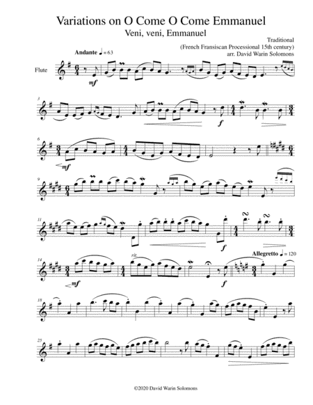 Variations on O come o come Emmanuel (Veni Veni Emmanuel) for flute solo (arr. David Warin Solomons)