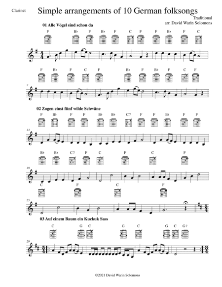 10 Volkslieder - Simple arrangements of 10 German folk songs (clarinet and guitar chords) (arr. David Warin Solomons)