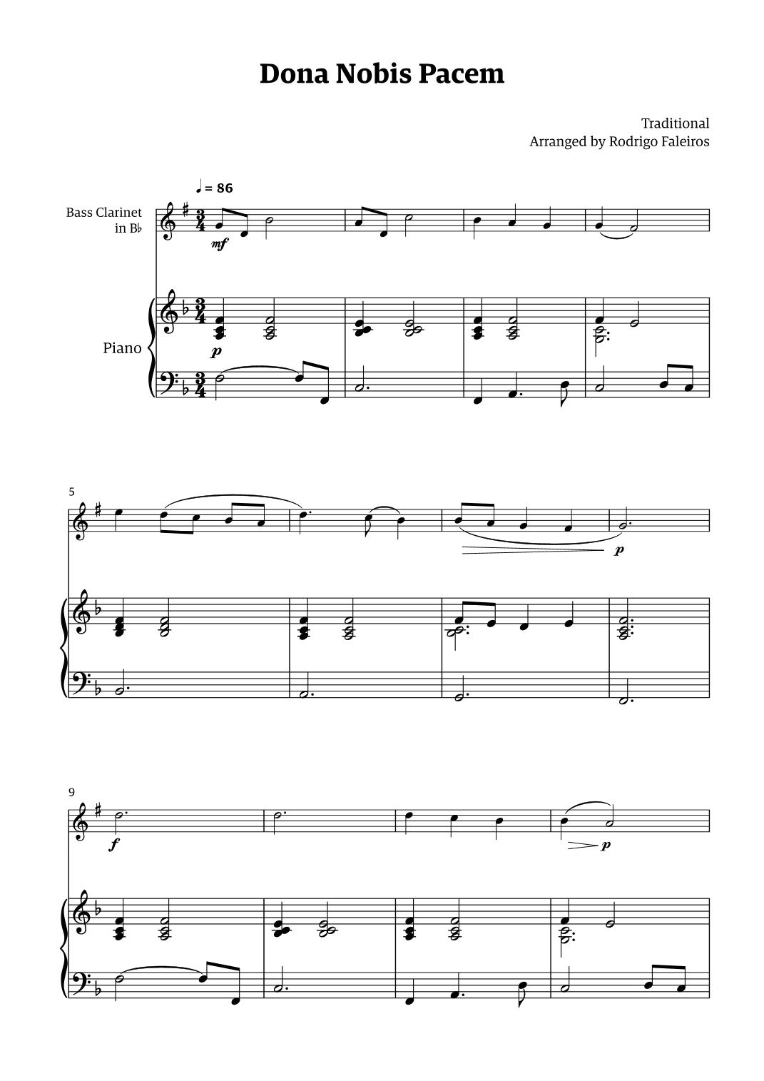 Dona Nobis Pacem - for bass clarinet (with piano accompaniment) (arr. Rodrigo Faleiros)
