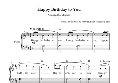 Happy Birthday to You Piano in D Easy Intermediate Chord Fingering Lyrics (arr. Milanov)