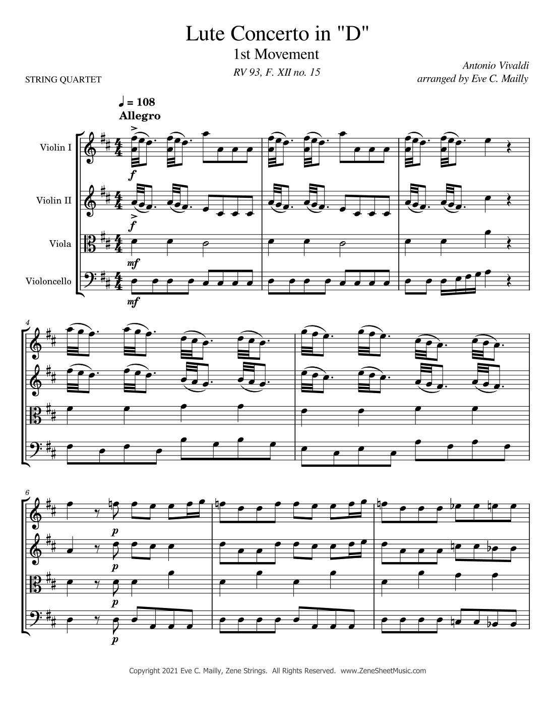 Concerto in D, RV 93 - 1st Movement - Allegro - Vivaldi (String Quartet) (arr. Eve C. Mailly - Zene Strings)