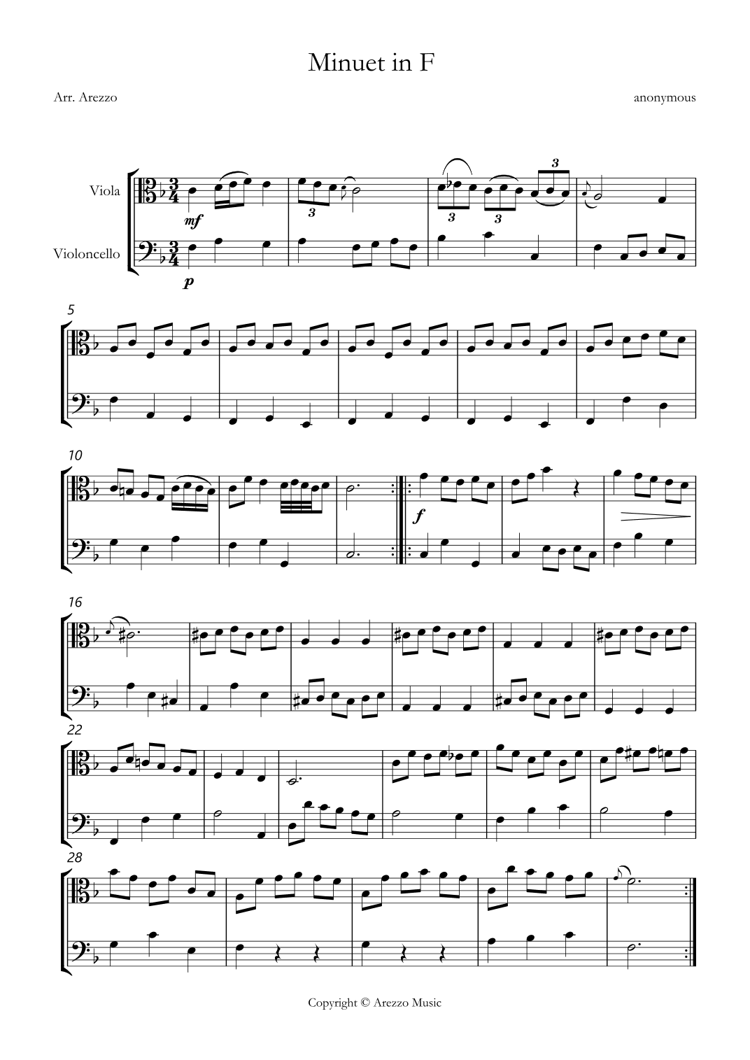 bwv anh 113 Minuet in F sheet music Viola and cello (arr. Arezzo Music)