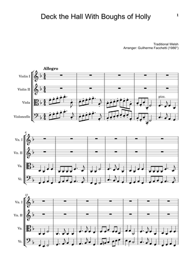Deck the Hall With Boughs of Holly - Arranged for String Quartet (Score and Parts) (arr. Guilherme Facchetti)