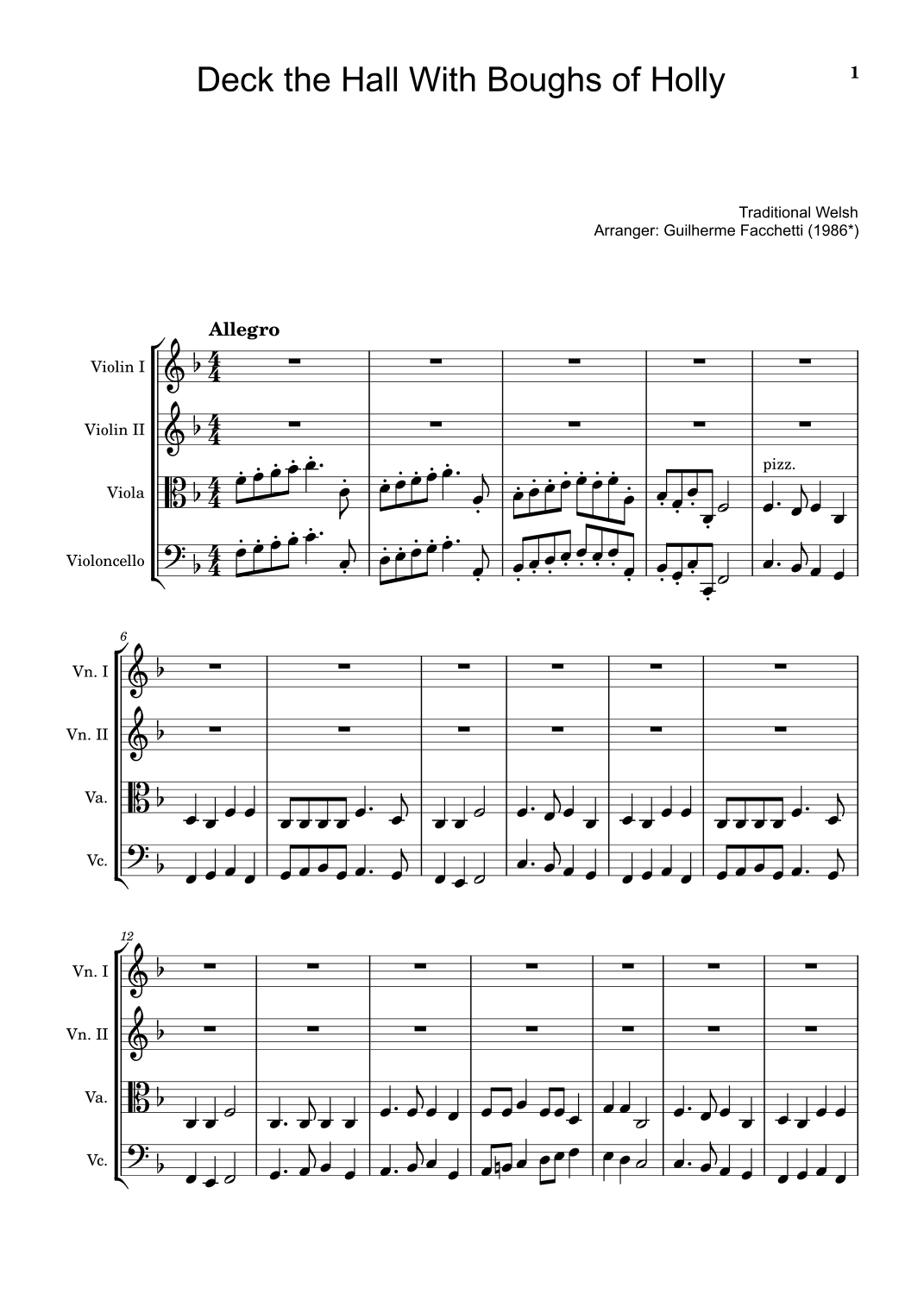 Deck the Hall With Boughs of Holly - Arranged for String Quartet (Score and Parts) (arr. Guilherme Facchetti)