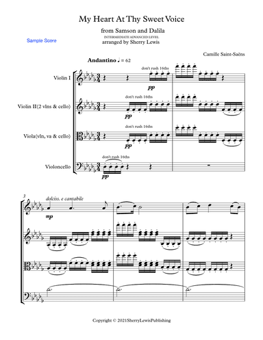 MY HEART AT THY SWEET VOICE for String Trio, Advanced Intermediate Level for 2 violins and cello or (arr. Sherry Lewis Publishing)