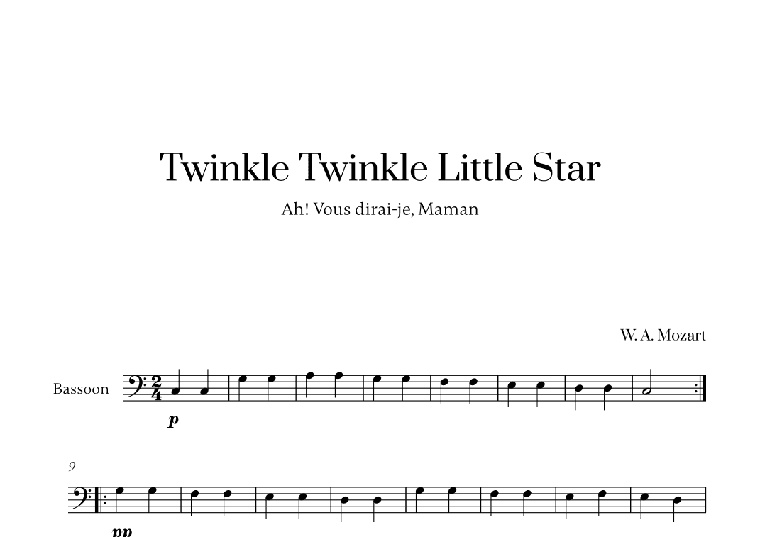 W. A. Mozart - Twinkle Twinkle Little Star for Bassoon Solo (arr. Cadenza Editions)