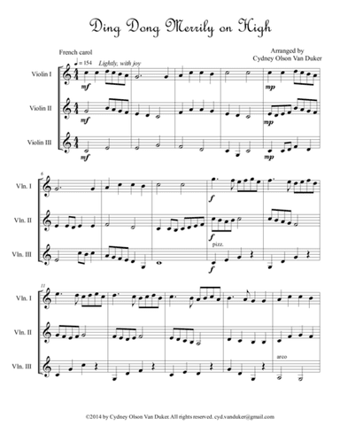 Ding Dong Merrily on High  3 Violins (arr. Cydney Olson Van Duker)