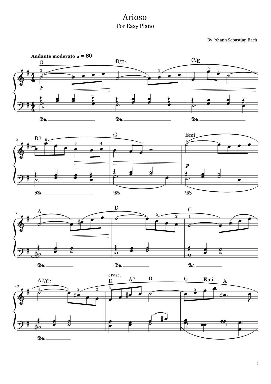 Bach - Arioso - For Easy Piano With Chord and Fingered (arr. poon)